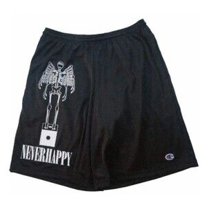 Neverhappy die shorts size small black mesh screen print graphic